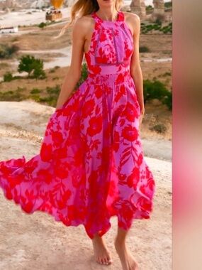 Abel the Label Floral Open Back Halter Boho Maxi Dress - Large in Purple/Pink-XS